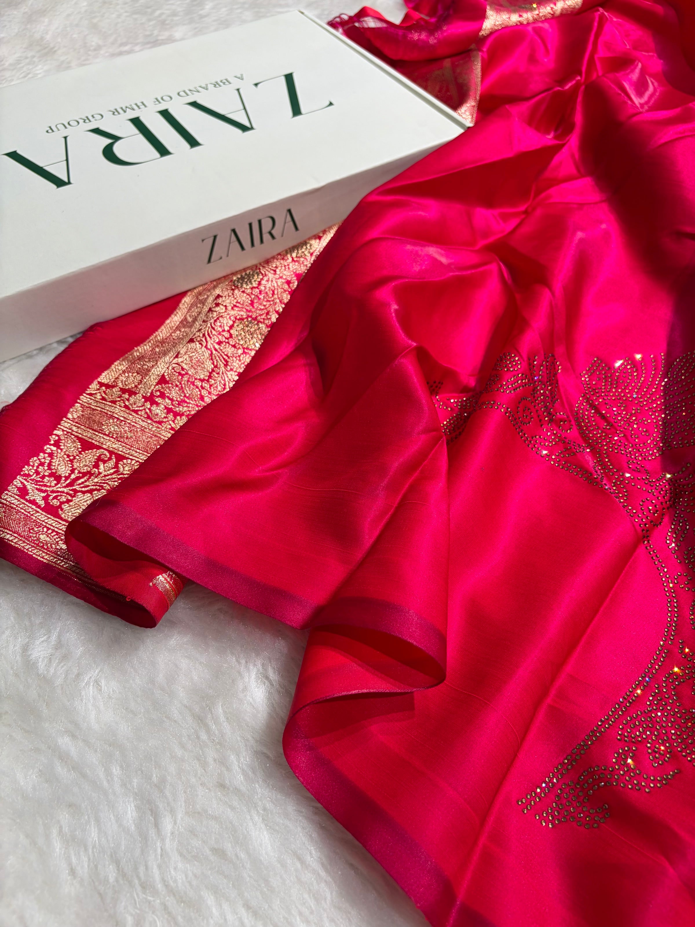 Satin Silk Saree Floral Boota With Swarovski & Gotta Patti Work in Cross Rani Shades BSSGP26