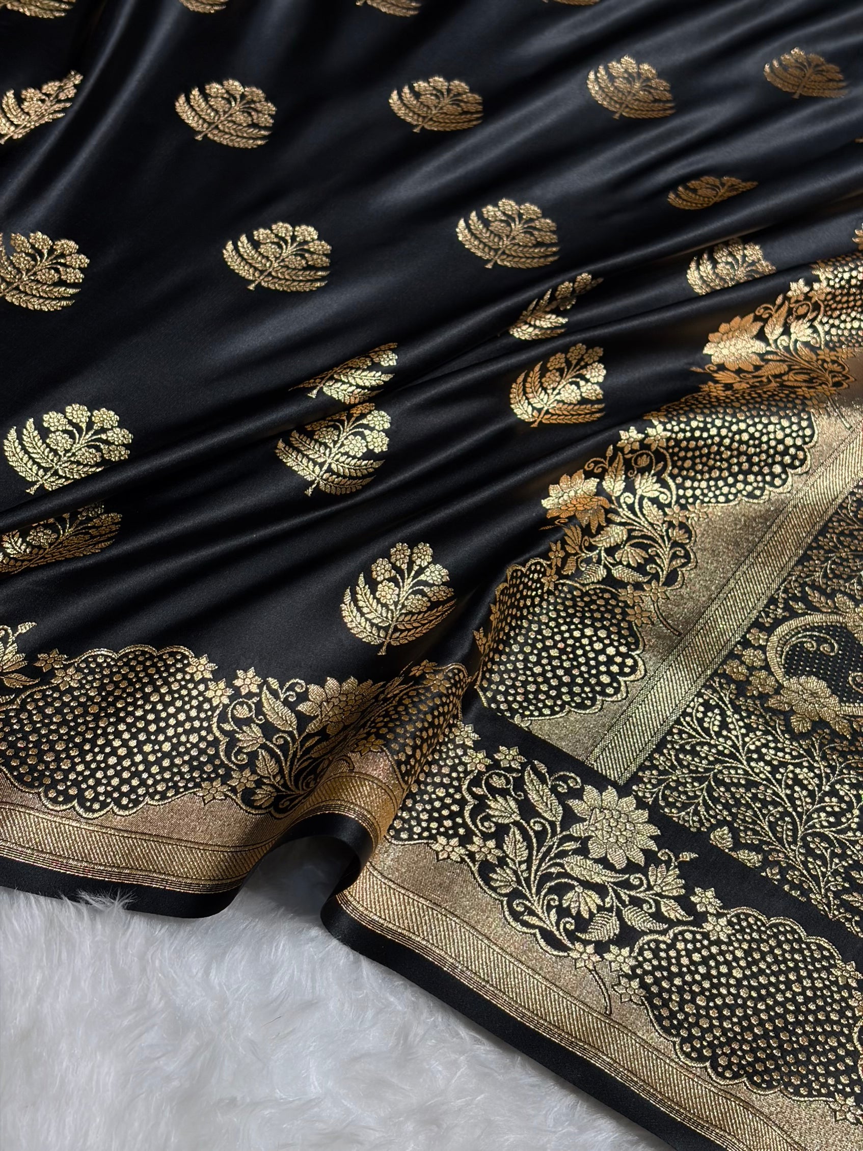 Black Unique Boota Pattern Satin Katan Silk Saree SK70