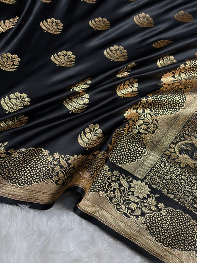 Black Unique Boota Pattern Satin Katan Silk Saree SK70