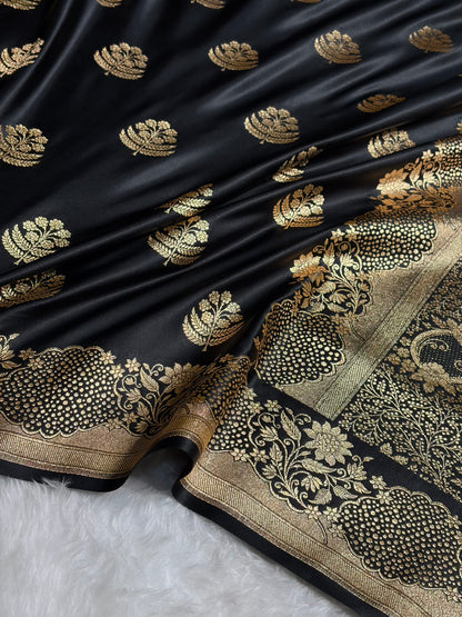 Black Unique Boota Pattern Satin Katan Silk Saree SK70