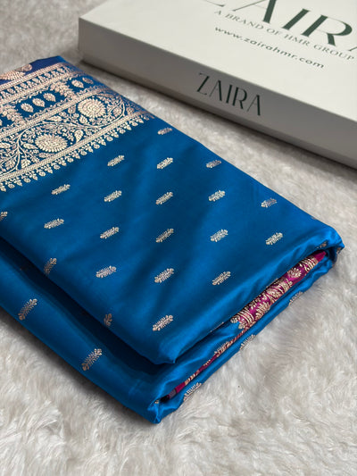 Contrast Firozi / Rani Floral Booti Banarasi Satin Katan Silk Saree SK14