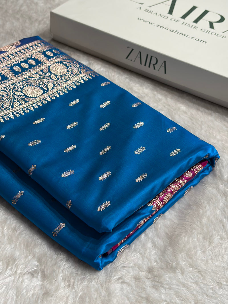 Contrast Firozi / Rani Floral Booti Banarasi Satin Katan Silk Saree SK14