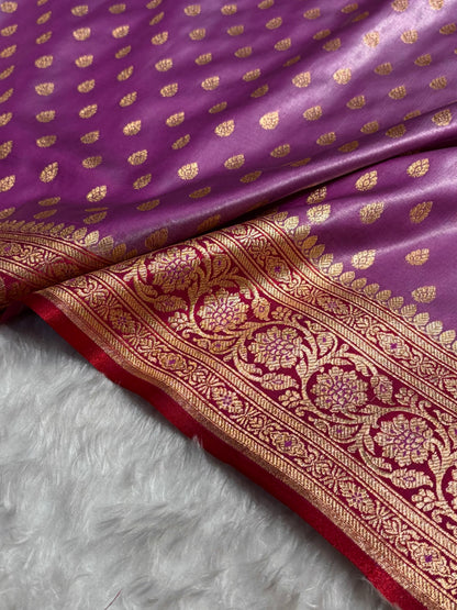 Banarasi Contrast Satin Silk Booti in Lavender With Red Shades SS01