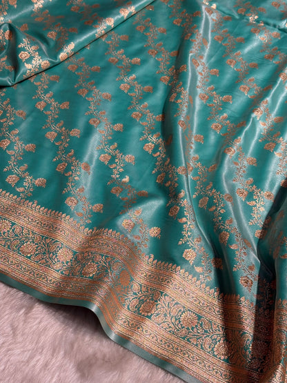 Sea Blue Shades Banarasi  Cross Jaal Satin Silk Saree SS11