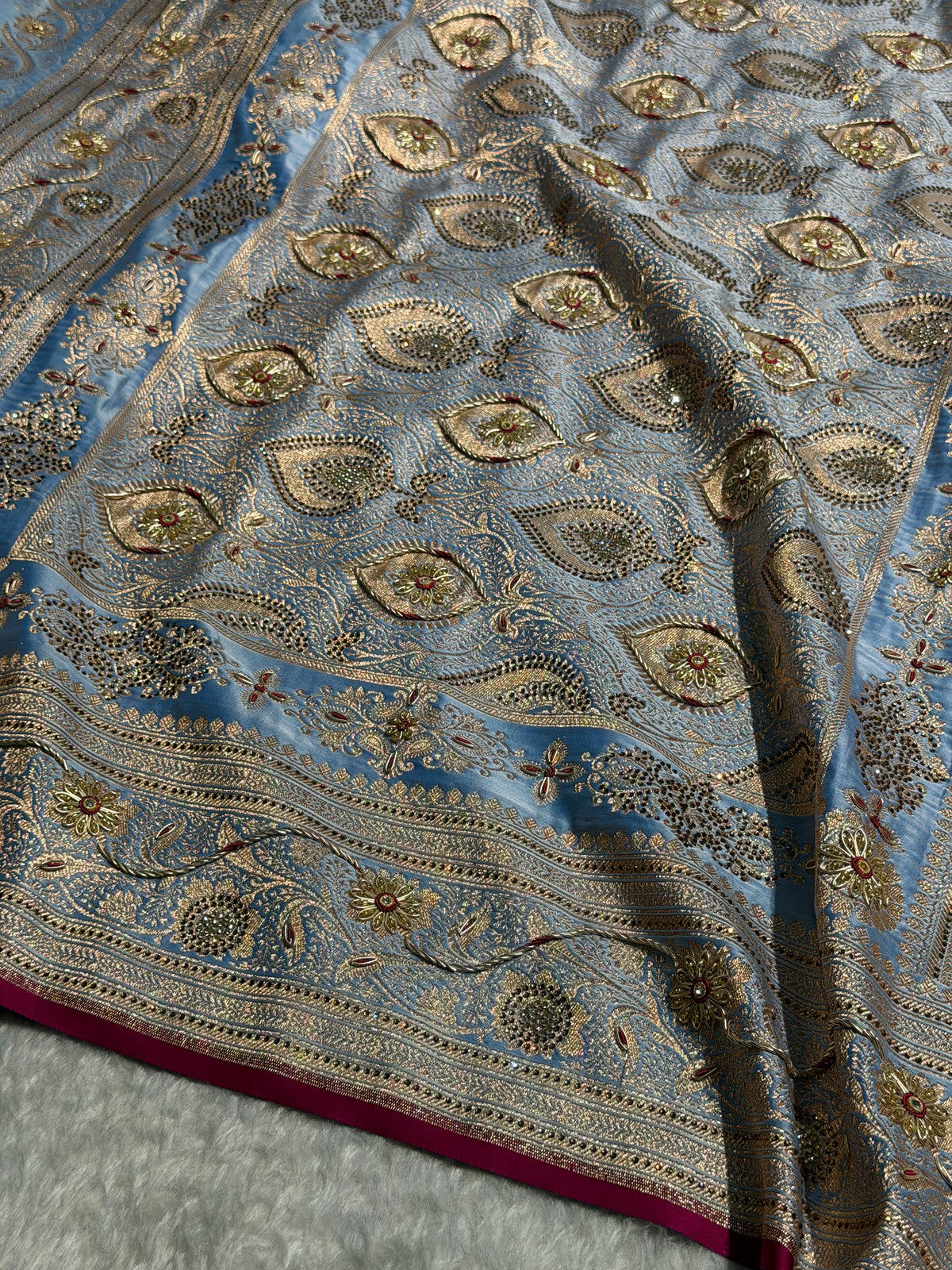 Banarasi Satin Katan Silk Saree With Ari Zardozi And Swarovski Work In Pastel Firozy Shades BSK08