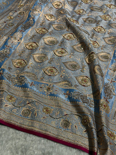 Banarasi Satin Katan Silk Saree With Ari Zardozi And Swarovski Work In Pastel Firozy Shades BSK08