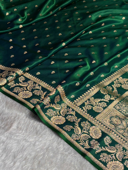 Cross Green Floral Pattern Satin Katan Silk Saree SK77
