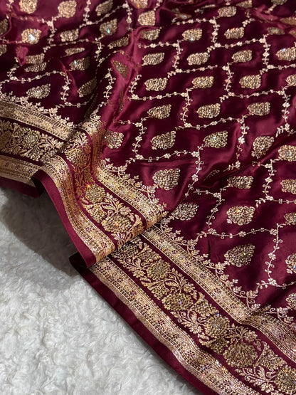 Garnet Floral Jaal Pattern with Sewarovsi Work Satin Katan Silk saree BSK42