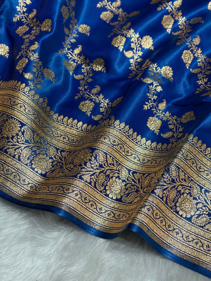 Royal Blue Shades Banarasi  Cross Jaal Satin Silk Saree SS11
