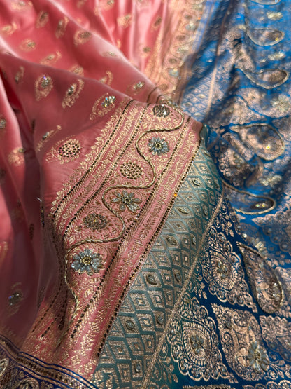 Light Pink with Blue Contrast Floral Boota With Swarovski & Zardozi Work Satin Katan Silk saree BSK27