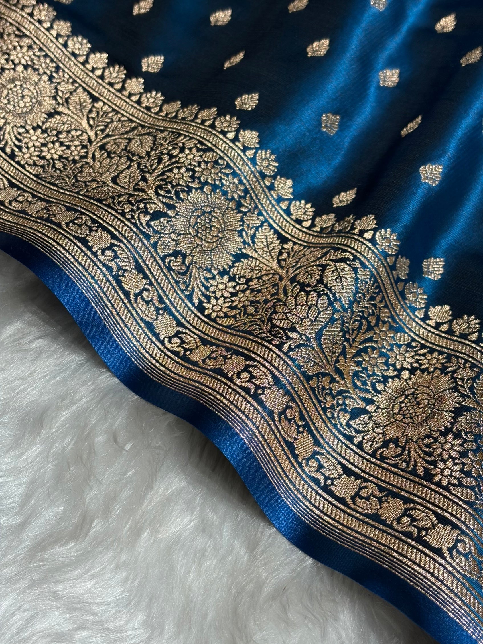 Ultra Light Weight Satin Silk Booti in German Blue Shades SS06