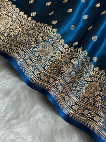 Ultra Light Weight Satin Silk Booti in German Blue Shades SS06