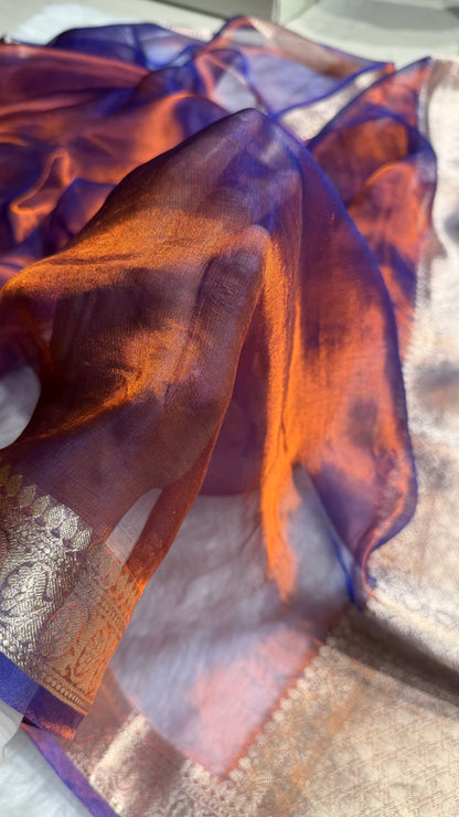 Rustic Royal Blue Shades Pure Tissue Silk Saree with Brocade Blouse PT-09