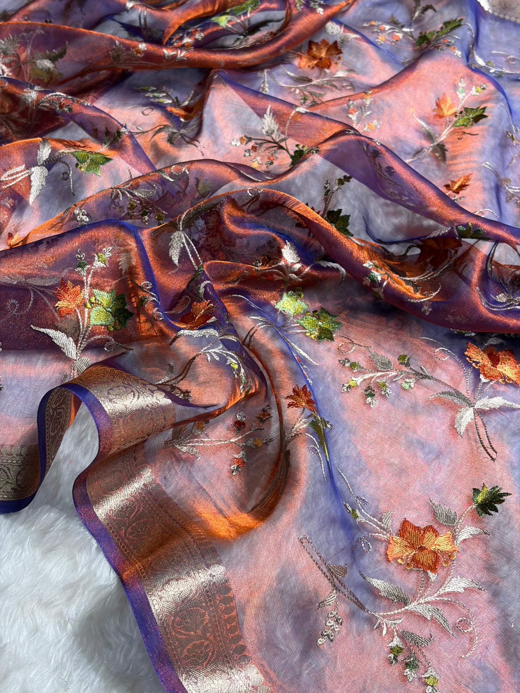 Rustic Purple Shades With Floral Embroidered Pure Tissue Silk Saree with Brocade Blouse PTE-09