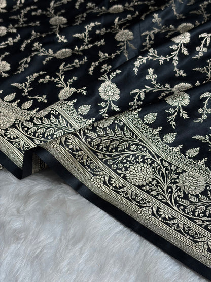 Black Banarasi Jaal Katan Silk Saree SKM37
