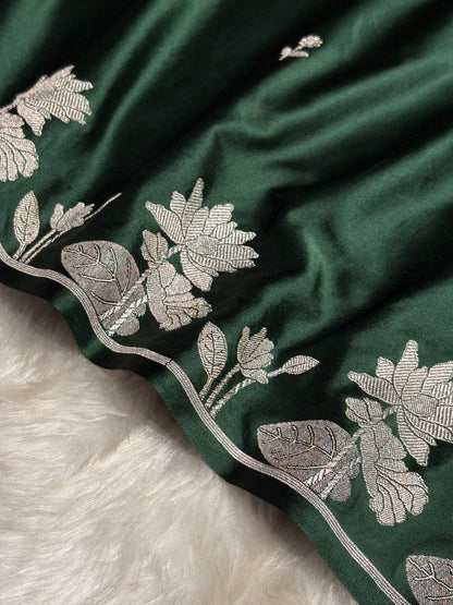 Dark Bottle Green Booti Motif Mashru Silk Saree