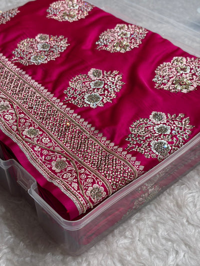 Premium Birdal Banarasi Satin Katan Saree With Swarovski Ari & Zardozi Work Minakari Boota in Rani Shades BSK93