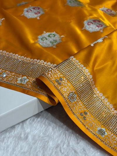 Premium Banarasi Satin Katan Saree Swarovski Work Minakari Booti Pattern in Mustard Shades BSK04