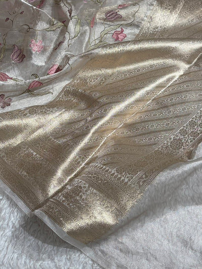 Pearl White Shades With Floral Embroidered Pure Tissue Silk Saree with Brocade Blouse PTE-18