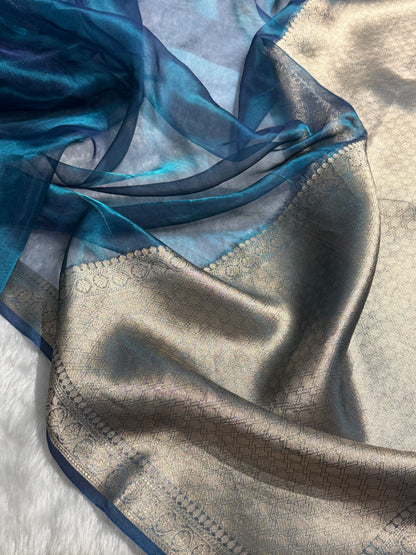 German Blue Tissue Silk Saree with Brocade Blouse PT-09