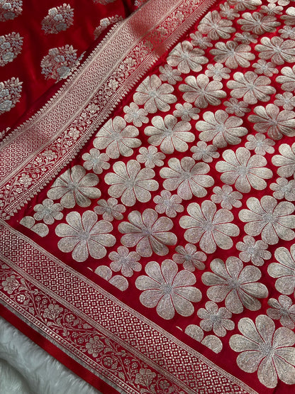 Premium Banarasi Satin Katan Saree With Minakari Boota in Red Shades SK93