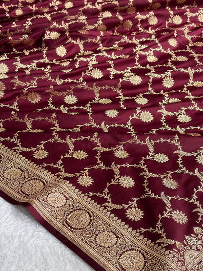 Banarasi Satin Katan Saree With Jaal Pattern in Chocolate Shades SK123