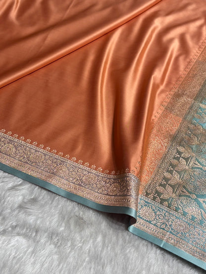 Banarasi Satin Katan Saree in Contrast Peach  /  Turquoise Shades SK131