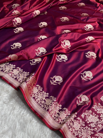 Reddish Magenta Shades Banarasi With Floral Border Mashru Silk Saree MSM-113