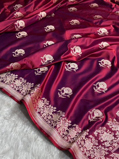 Reddish Magenta Shades Banarasi With Floral Border Mashru Silk Saree MSM-113