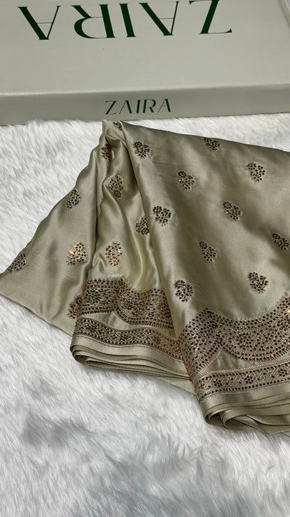 Light Pista Scallop Mashru Silk with Swarovski work BMS02