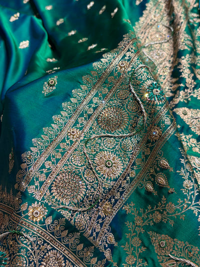 Banarasi Bridal Cross Green Work Pattern Satin Katan Silk Saree BSK82