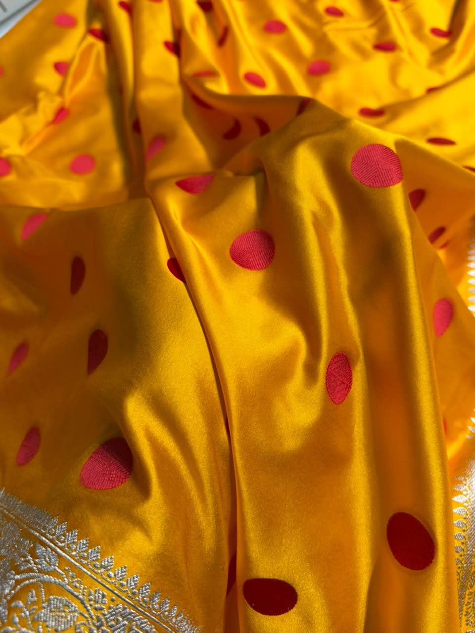 Yellow Banarasi Silk Saree with Polka Dot Buti & Woven Border MCS111
