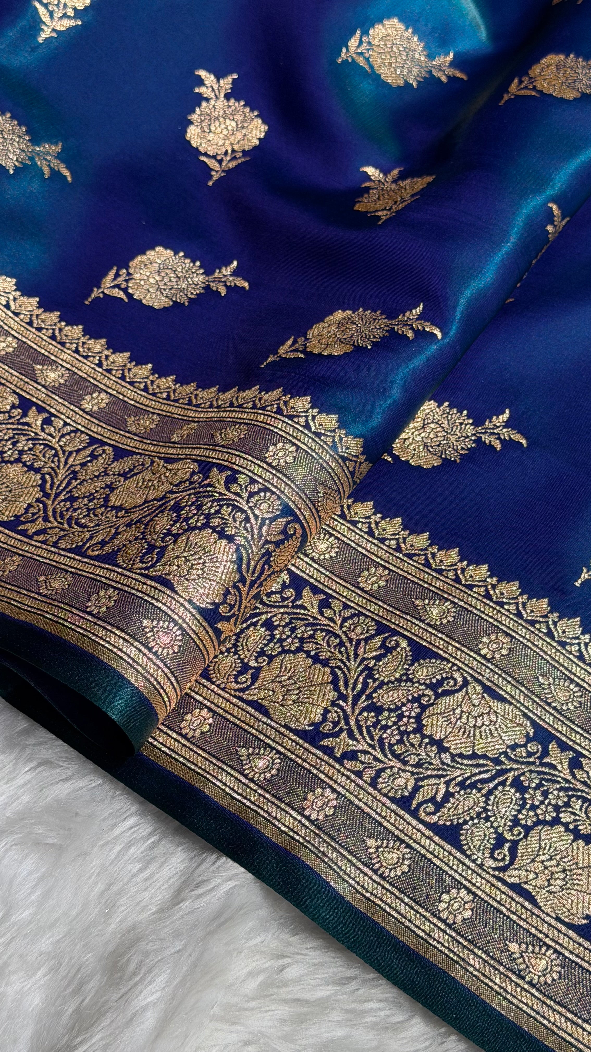 Satin Silk Saree Floral Boota in Peacock Shades In Nine Yards SSNY26