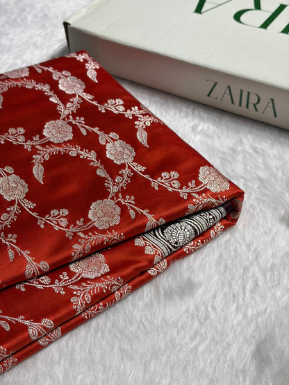 Contrast Orange With Garnet Shades Floral Jaal Pattern Mashru Silk Saree MS76