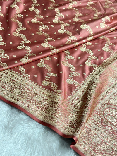 Banarasi Satin Katan Saree With Jaal Pattern in Peach Shades SK121