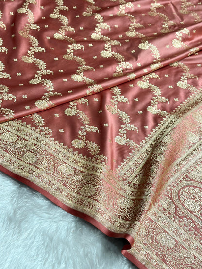 Banarasi Satin Katan Saree With Jaal Pattern in Peach Shades SK121