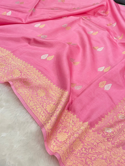 Banarasi Baby Pink Shades Boota Handwoven Pure Katan Paper Silk RM-76