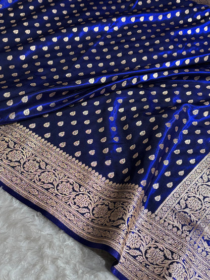 Dark Royal Blue Booti satin Silk Saree SS01