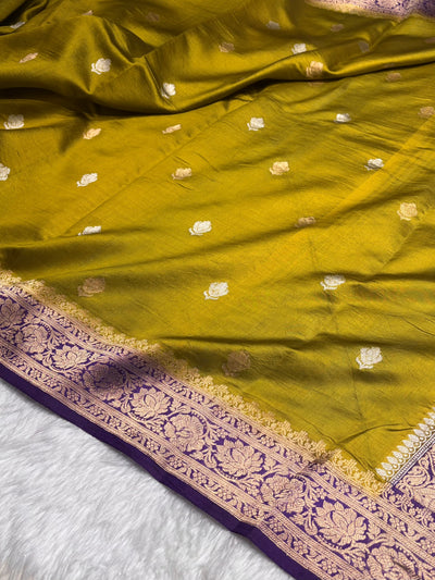 Contrast Mehendi With Purple Shades Boota Handwoven Pure Paper Silk RM-07