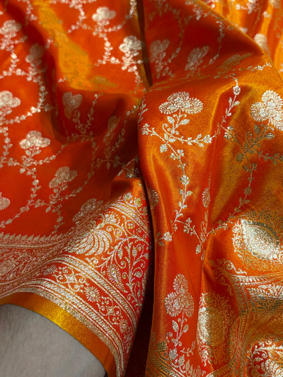 Banarasi Satin Silk Saree Jaal in Fire Gold Shades SS23