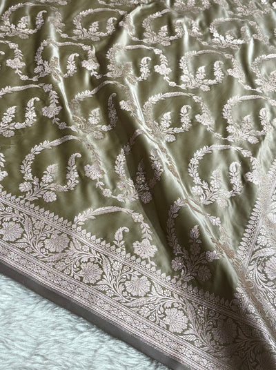 Pastel Green Shades Banarasi With Floral Jaal Pattern Mashru Silk Saree MSM-132