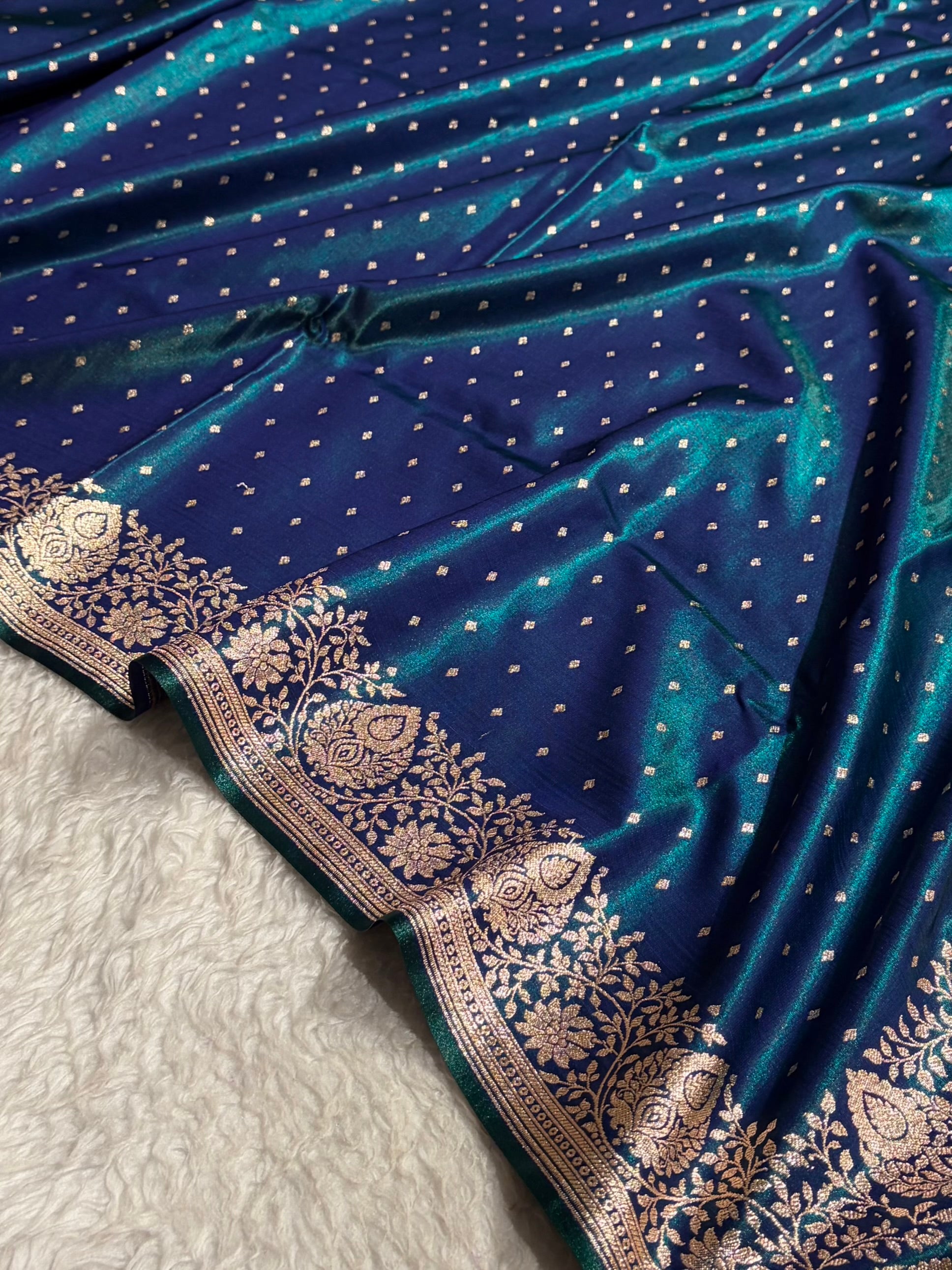 Satin Silk Saree Floral Boota in Peacock Shades SS28