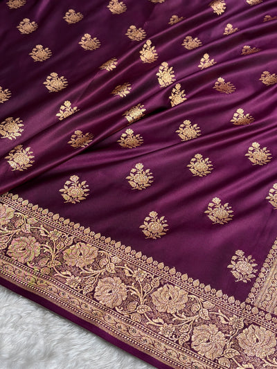 Banarasi Satin Katan Saree Booti Pattern in Wine Shades SK138