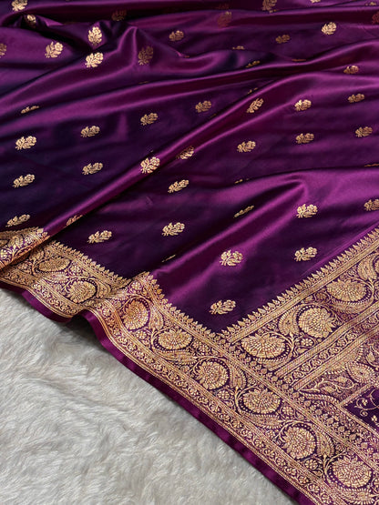 Dark Magneta Floral Boota Pattern Satin Katan Silk Saree SK71