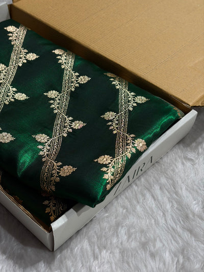 Bottle Green Shades Cross Pattern Banarasi Satin Silk Saree SS50