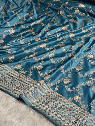 Sky Blue Shades Jaal Pattern Floral Jaal Mashru Silk Saree MCS07
