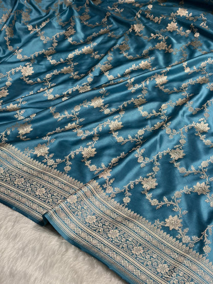 Sky Blue Shades Jaal Pattern Floral Jaal Mashru Silk Saree MS07