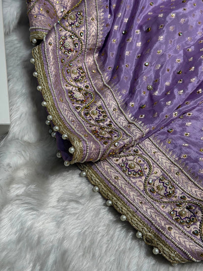 Lavender Shades Border Crepe Silky Katan With Ari Zardozi & Gotta Patti Work  Banarasi Saree BCSKGP-04