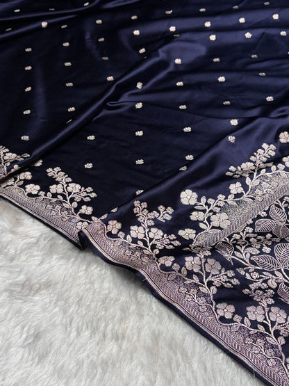 Navy Blue Shades Floral Border Booti Mashru Silk Saree MS75