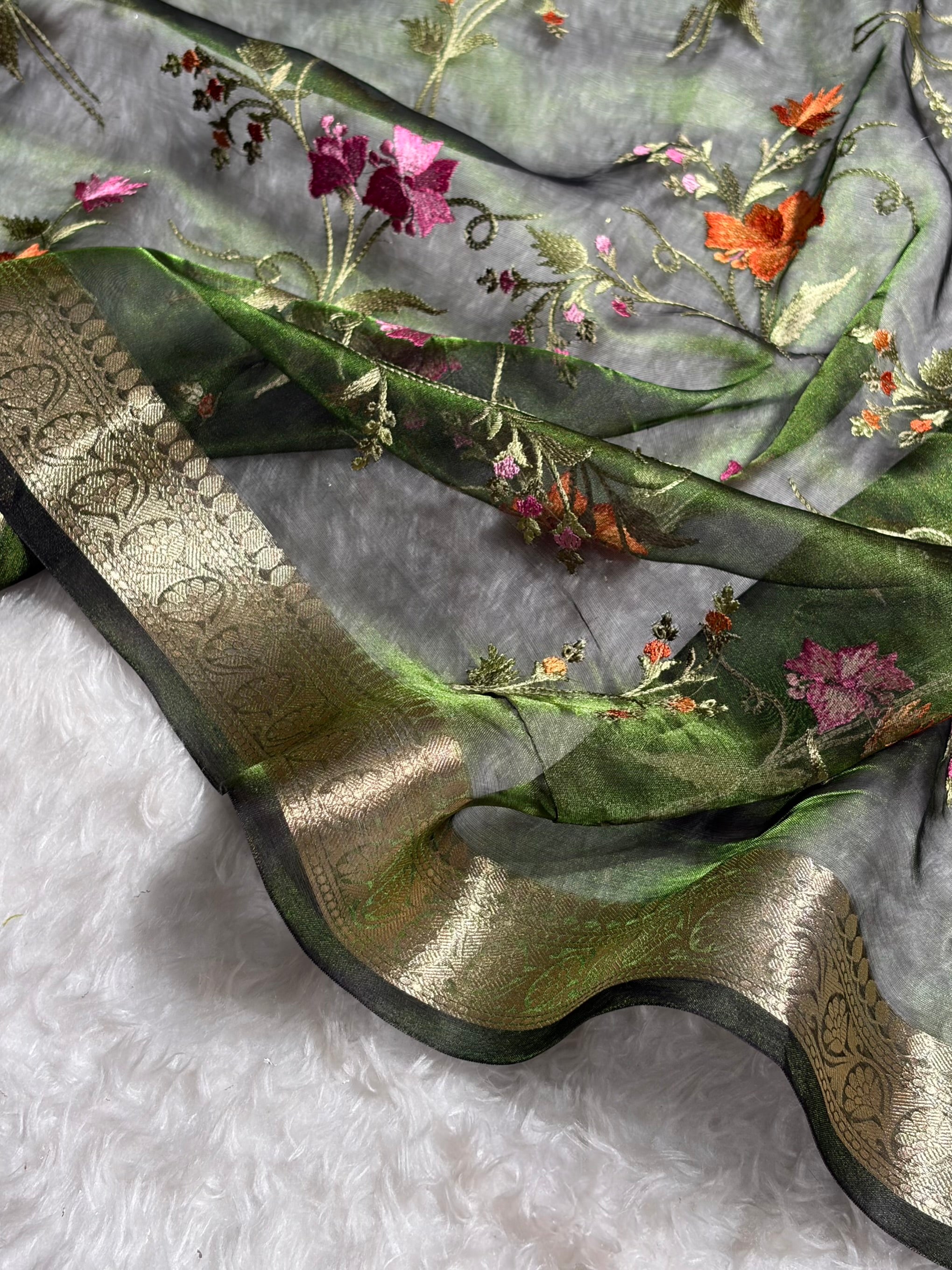 Bottle Green Shades With Floral Embroidered Pure Tissue Silk Saree with Brocade Blouse PTE-09